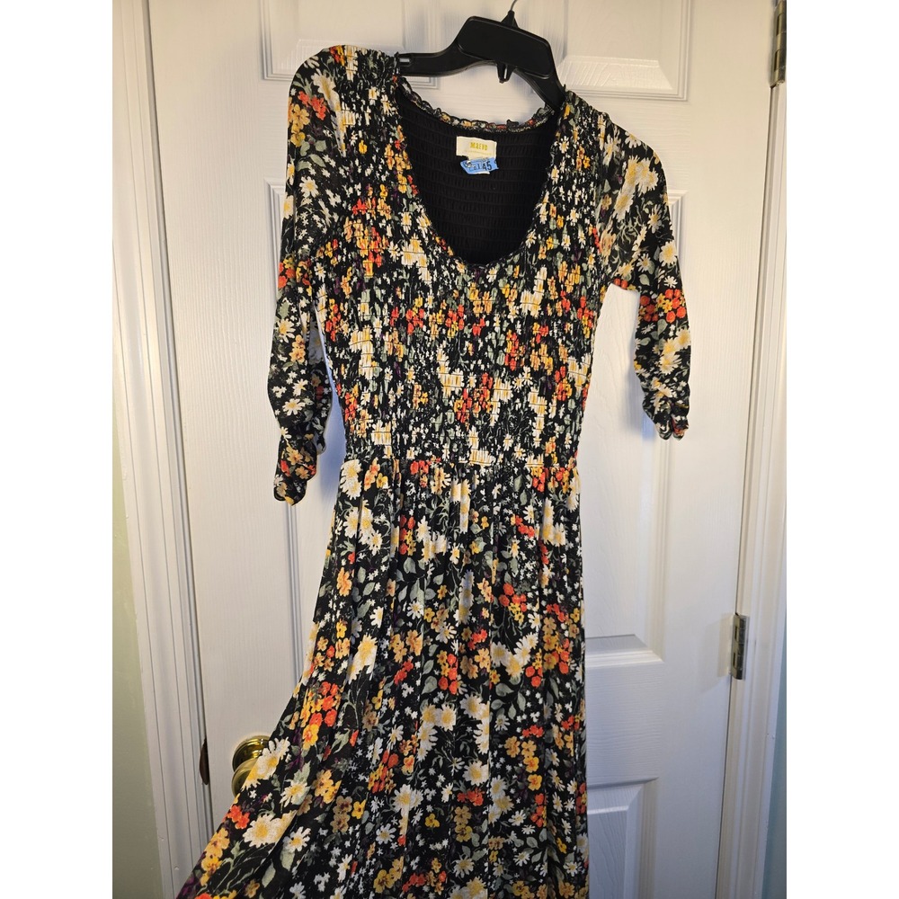 Maeve Anthropologie Floral Smocked Maxi Dress Black V-Neck‎ 3/4 Sleeve XS - Picture 4 of 16